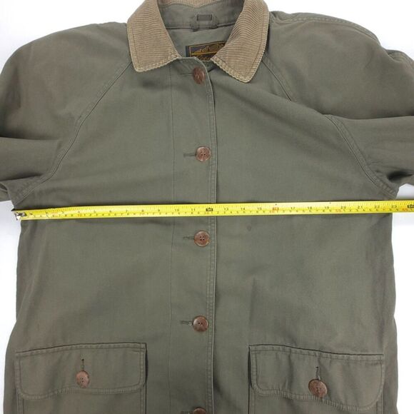 EDDIE BAUER 90s Corduroy Collar Canvas Barn Trench Coat Chore Jacket Large Olive - Picture 4 of 8